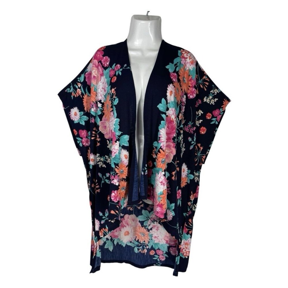 12PM Mon Ami Boho Floral Kimono Wrap Small Blue Pink Open Front Cardigan Travel